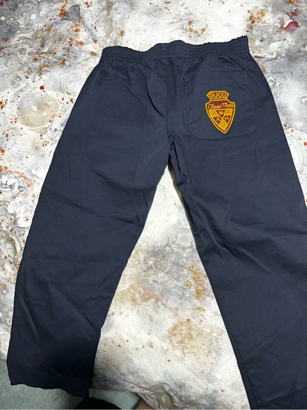 Gucci Navy Pants with Gold Crest Patch